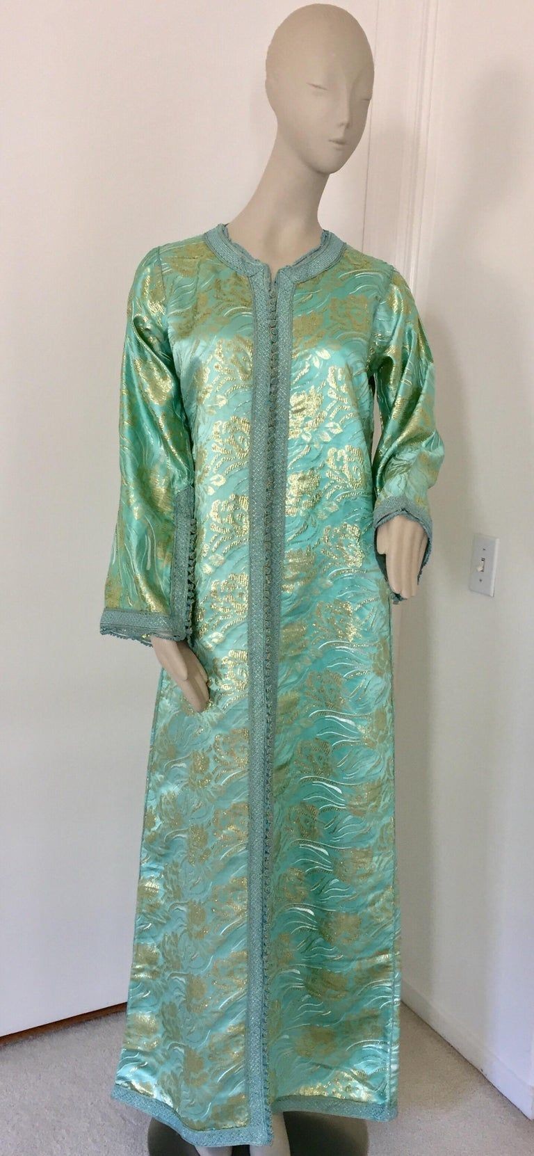 Moroccan Kaftan in Aqua and Gold Floral Brocade Metallic Lame