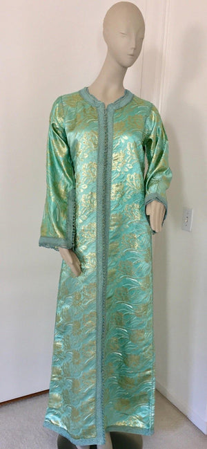 Moroccan Kaftan in Aqua and Gold Floral Brocade Metallic Lame