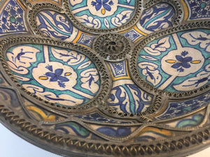 Moroccan Ceramic Plate Adorned with Silver Filigree from Fez