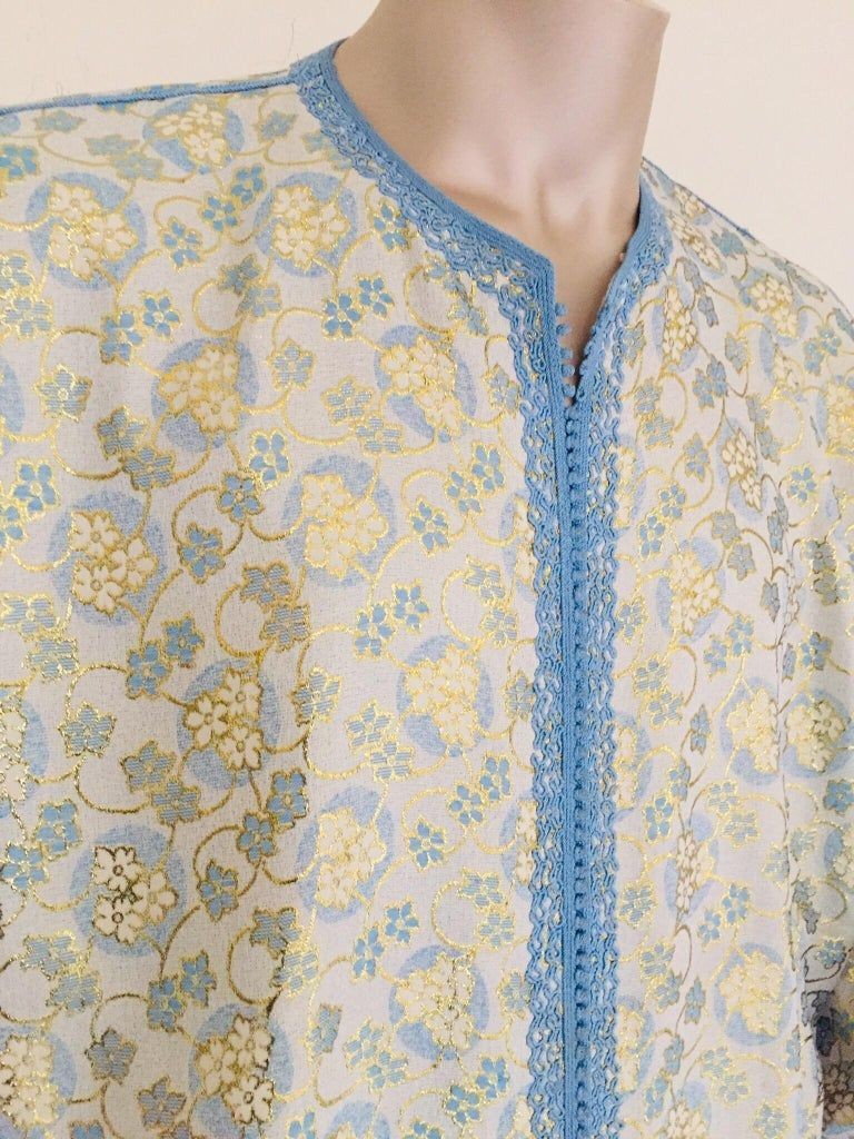 Metallic Blue and Silver Brocade 1970s Maxi Dress Caftan, Evening Gown Kaftan