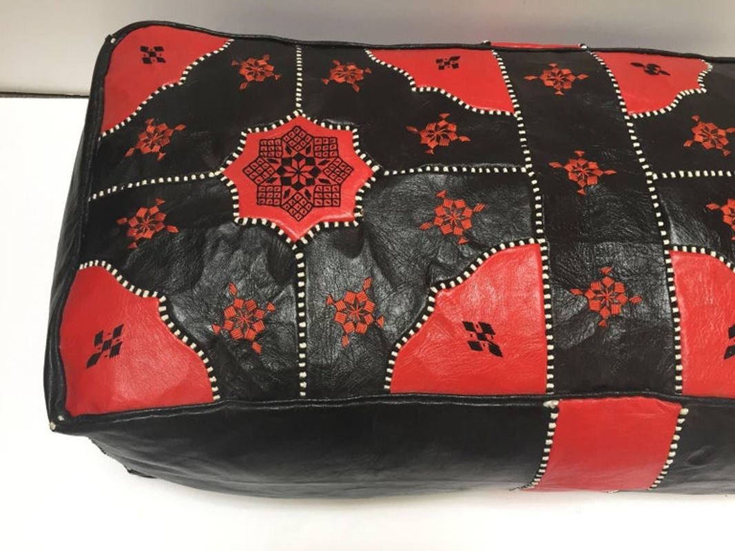 Vintage Moroccan Leather Rectangular Pouf in Red and Black