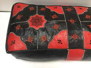 Vintage Moroccan Leather Rectangular Pouf in Red and Black