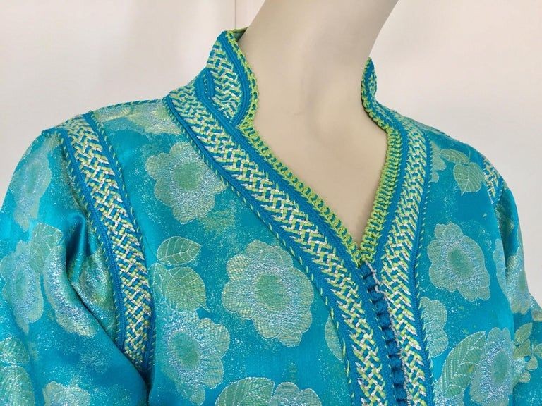 Moroccan Kaftan in Turquoise and Gold Floral Brocade Metallic Lame