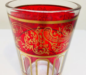 Set of Six Ruby Red Glasses with Gold Raised Moorish Frieze Design