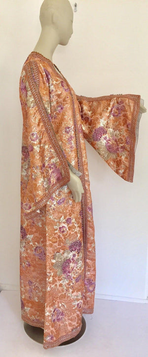Moroccan Kaftan Orange and Purple Floral with Gold Embroidered Maxi Dress Caftan