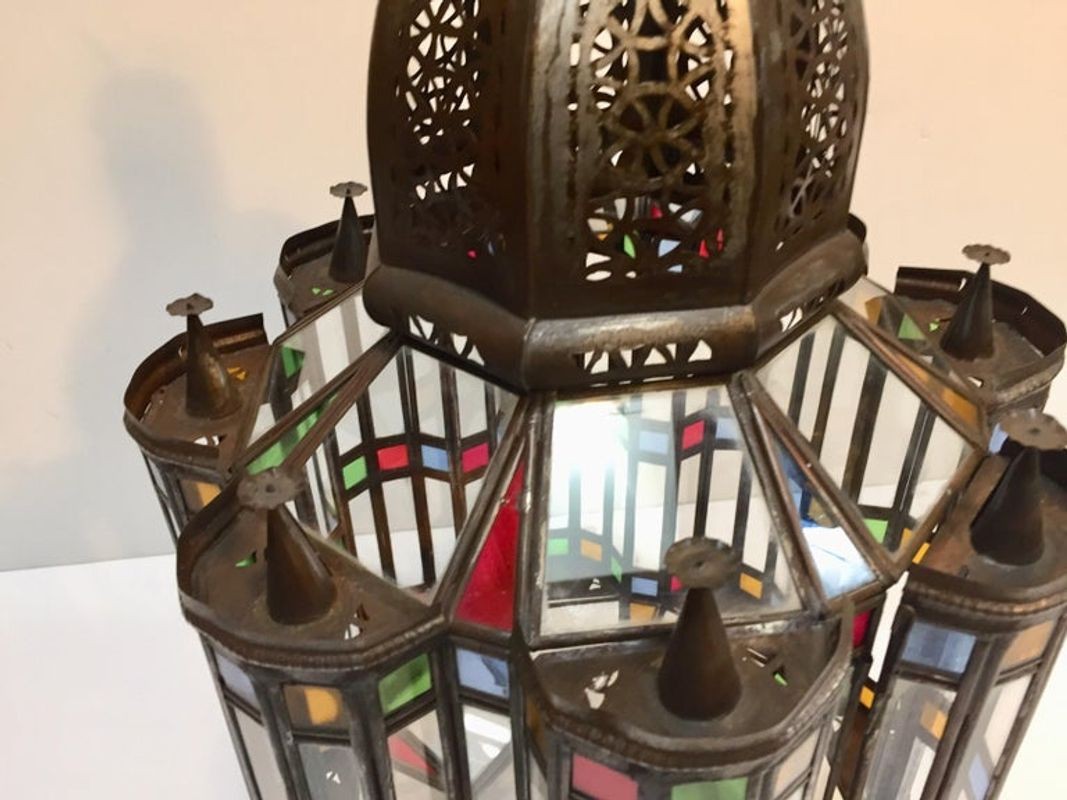 Moorish Glass Lantern, Handcrafted Metal & Glass, Morocco