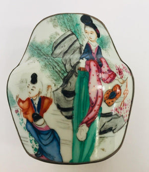 Vintage Trinket Metal Box with Porcelain Top Hand Painted Asian Scene