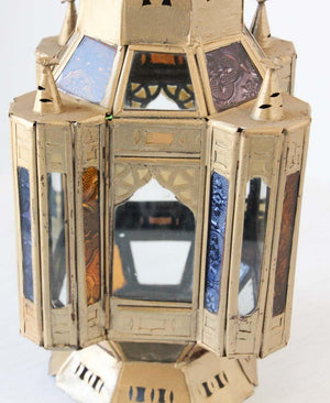 Moroccan Candle Lantern in Moorish Gilt Metal and Glass