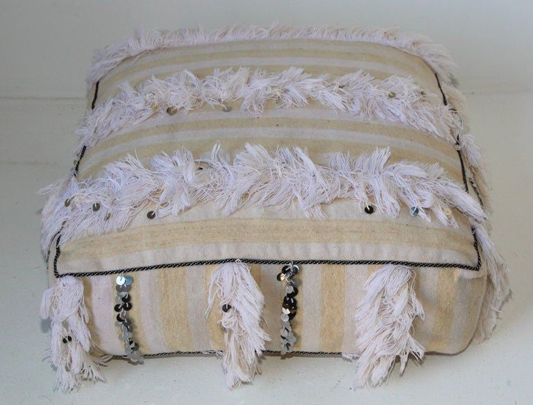 Moroccan White Floor Pillow with Silver Sequins and Long Fringes