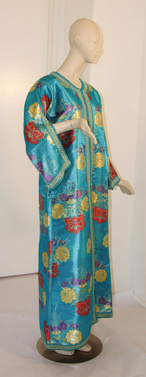 Elegant Moroccan Caftan in Blue Metallic Floral Brocade