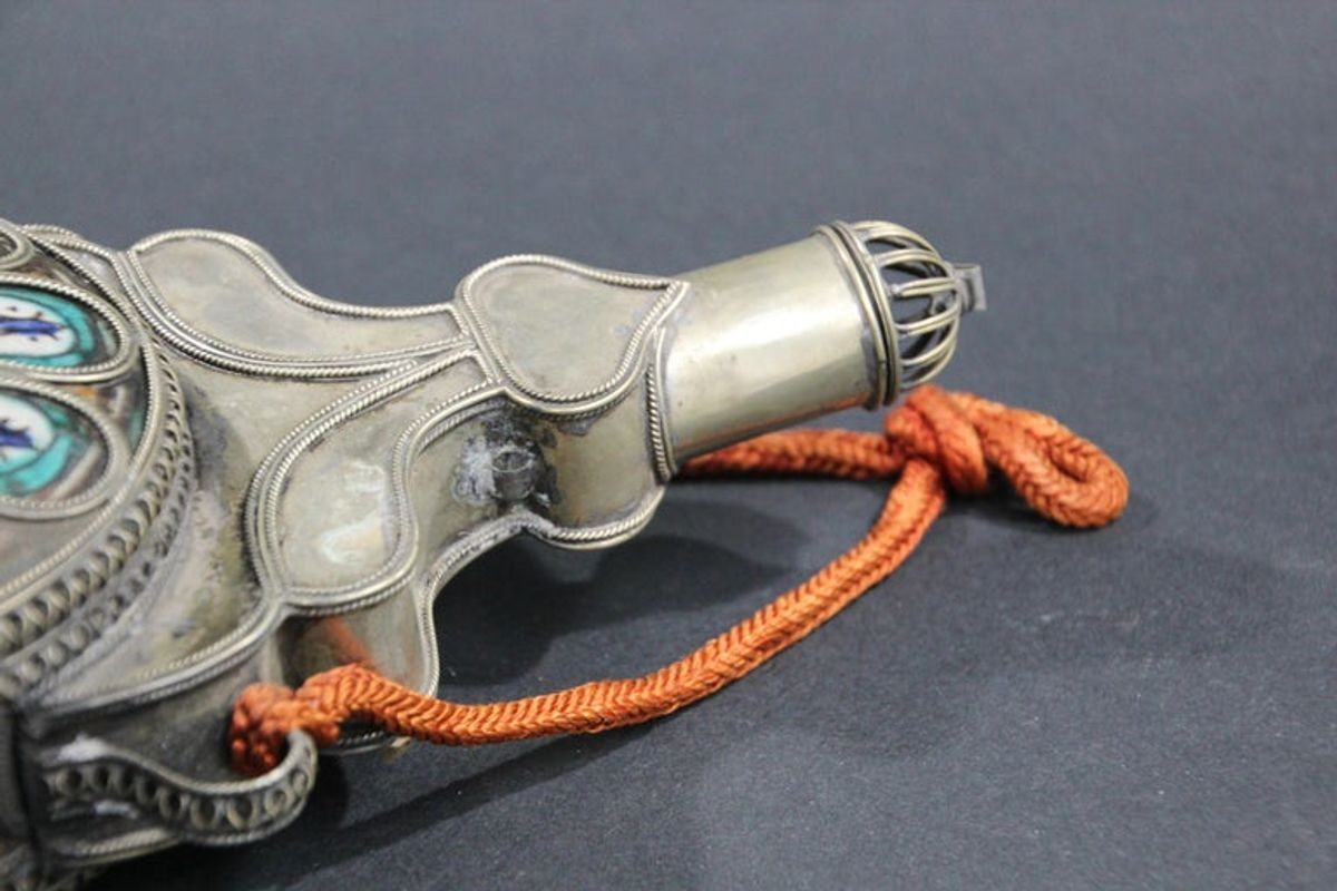 Moroccan Ceramic Flask Bottle from Fez with Silvered Filigree