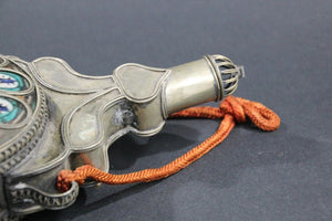 Moroccan Ceramic Flask Bottle from Fez with Silvered Filigree