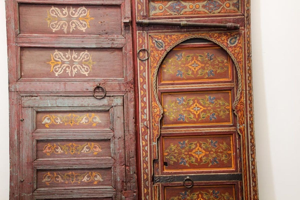 19th Century Moroccan Antique Double Door with Hand Painted Moorish Designs