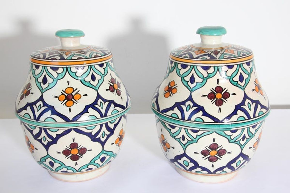 Moorish Ceramic Glazed Covered Urns Handcrafted in Fez Morocco