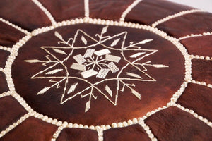 Moroccan Hand Tooled Brown Leather Pouf