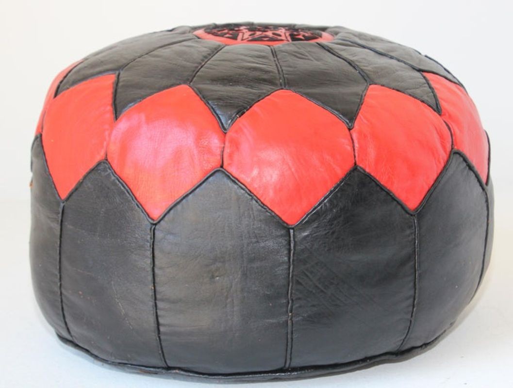 Vintage Moroccan Leather Pouf Hand-Tooled in Marrakesh Red and Black