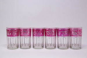 Set of Six Pink Glasses with Silver Raised Moorish Design