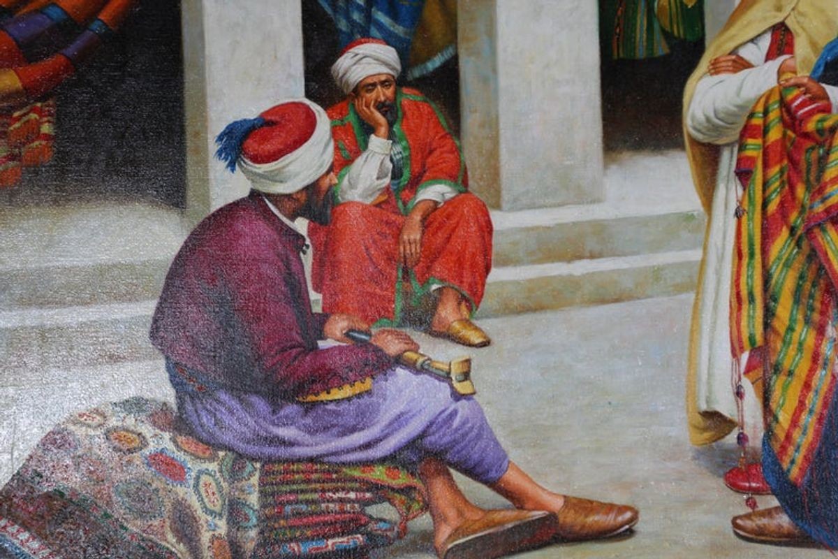 Moroccan Orientalist Oil Painting of a Rug Market
