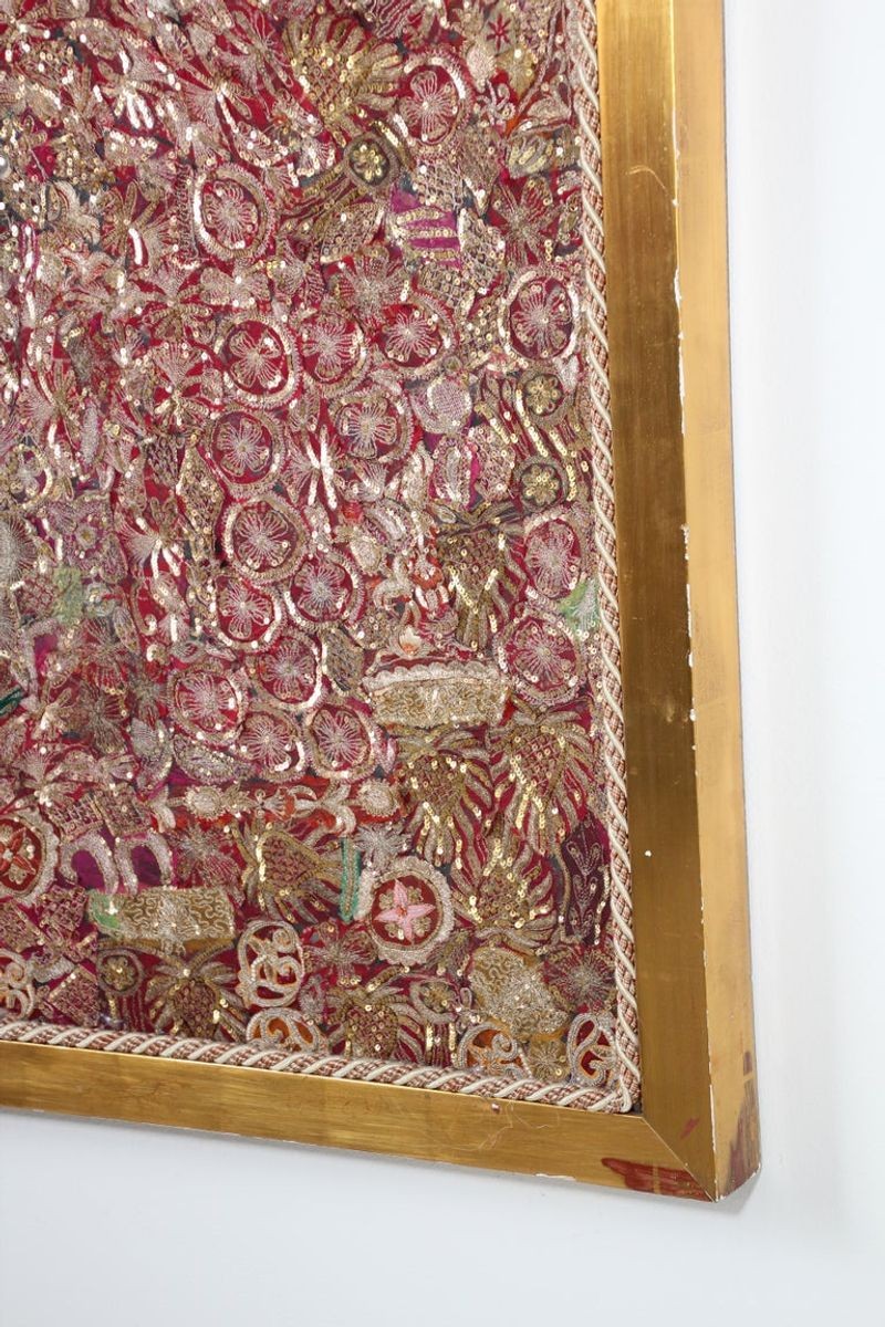 Mughal Embroidered Metal Threaded Tapestry from Rajasthan Framed