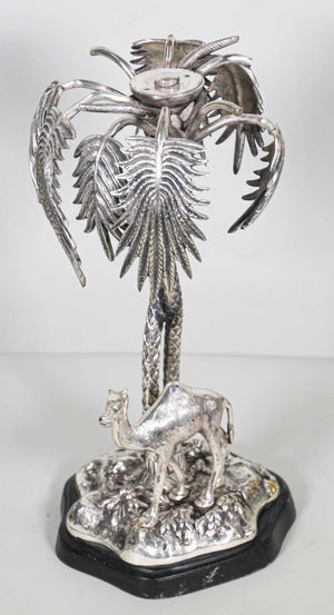 Orientalist Cast Silver Metal Camel Standing Under Palm Trees