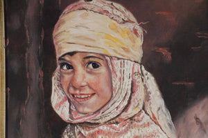 Vintage Orientalist Oil on Canvas A Portrait of A Young Girl