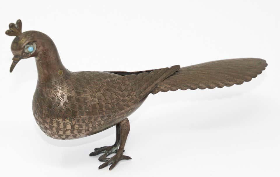 Islamic Qajar Style Damascene Metal Vintage Peacock Figurine, India