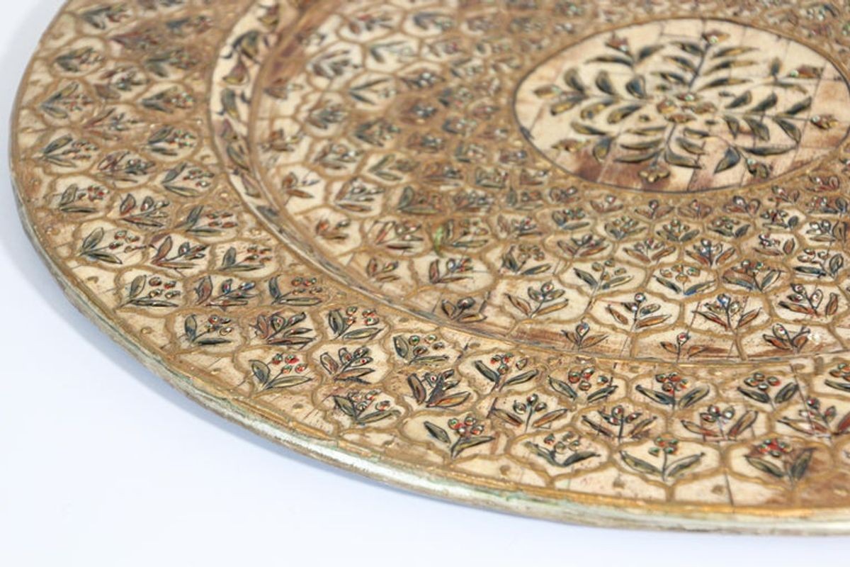 Indian Mughal style Overlaid and Hand Painted Metal Platter 1950