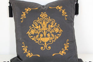 Embroidered Black Silk Decorative Throw Pillow with Tassels