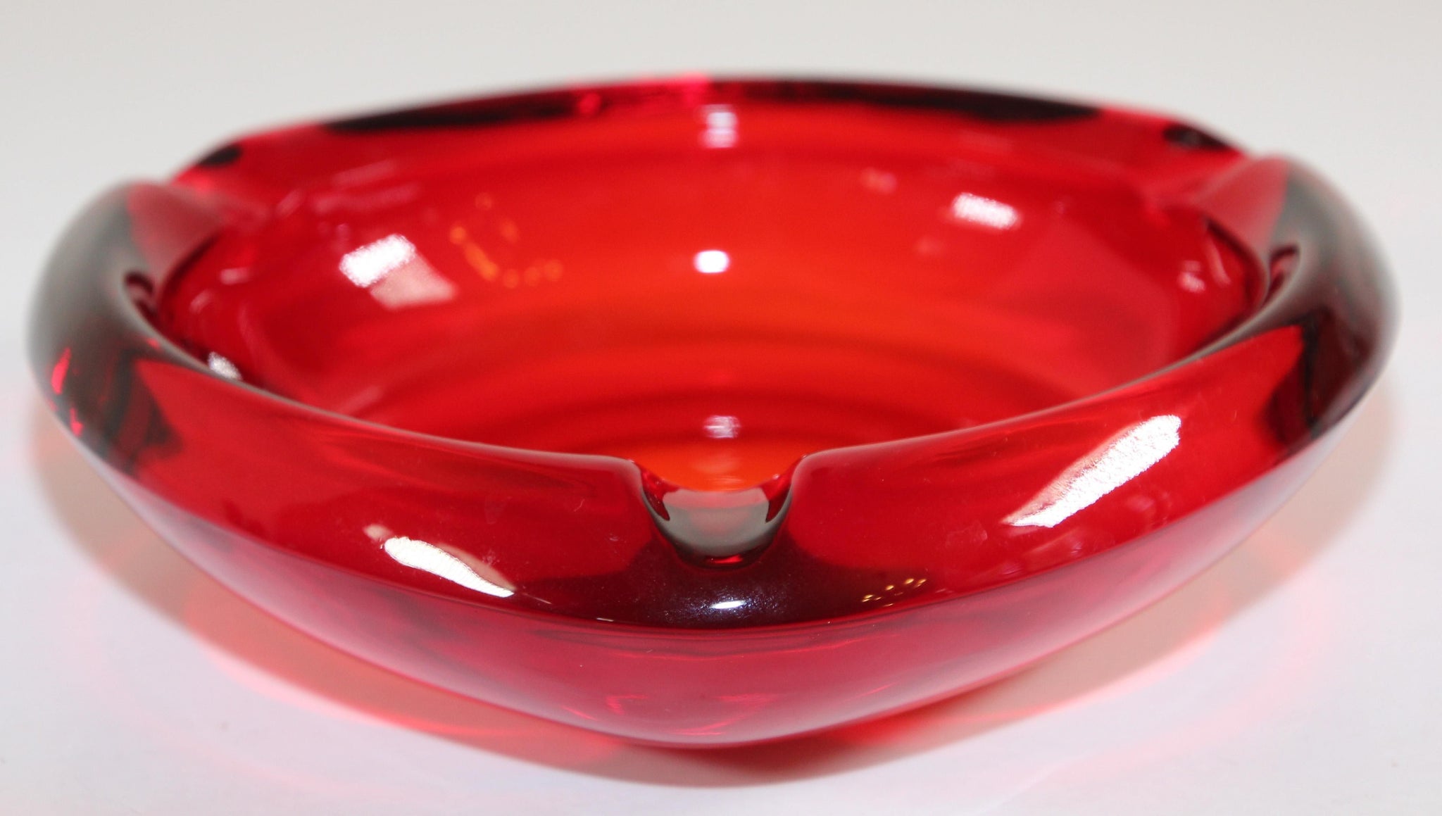Vintage Mid-Century Glass Ashtray Ruby Red Triangular
