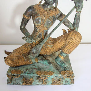 Asian Thai Gilt Vintage Bronze Statue of a Prince Playing Music