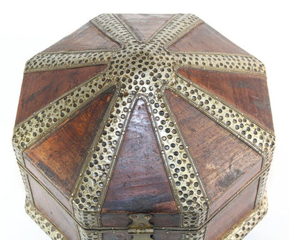 Large Asian Decorative Wooden Jewelry Box with Hammered Brass Metal Overlay