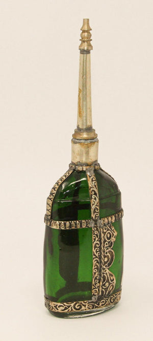 Moorish Green Glass Perfume Bottle Sprinkler with Embossed Metal Overlay