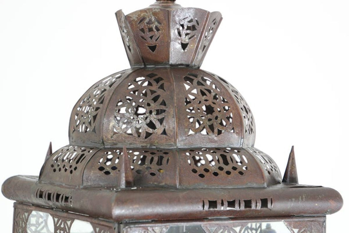Vintage Moroccan Moorish Bronze Metal & Multicolor Glass Hanging Lantern