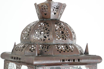 Vintage Moroccan Moorish Bronze Metal & Multicolor Glass Hanging Lantern