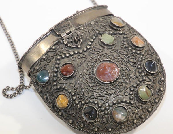 Vintage Sajai Metal and Agate Scroll Box Coin Purse Handmade in India E mosaik