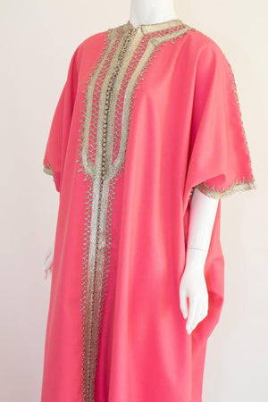 Moroccan Caftan Pink Color with Silver Trim, Vintage Kaftan circa 1970