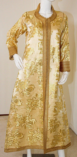 Moroccan Caftan Gold Damask Embroidered, Vintage, 1960s