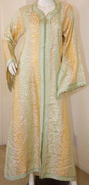 Vintage Moroccan Kaftan, Gold and Sage Damask Embroidered, ca. 1970s
