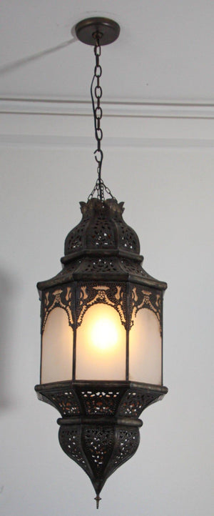 Moroccan Moorish Hanging Metal Lantern with Milky Glass