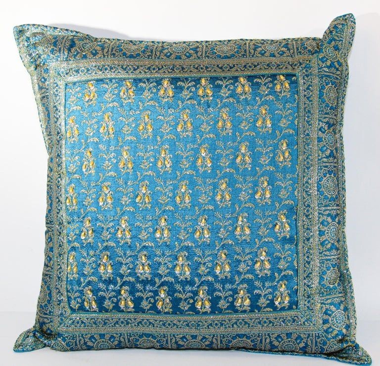 Turquoise Mughal Style Decorative Throw Pillow Embellished with Sequins and Beads