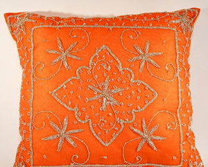 Beaded Orange Throw Pillow Embellished with Sequins