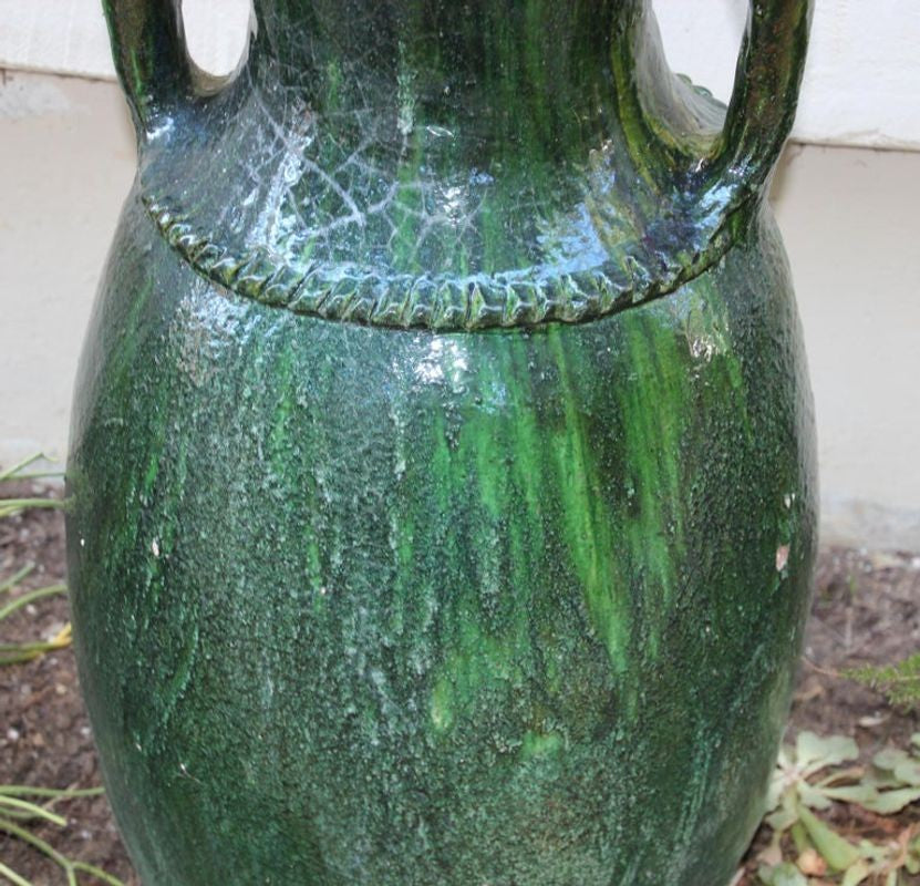 Vintage Moroccan Tamgroute Green Olive Jar with Handles