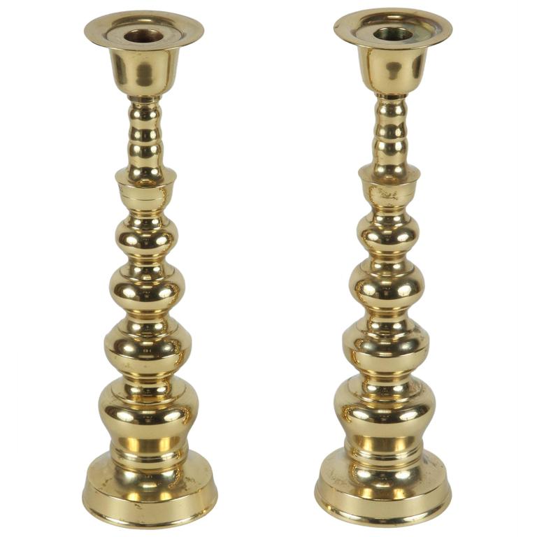 Tall Middle Eastern Mid Century Brass Candlesticks - a Pair - Rue