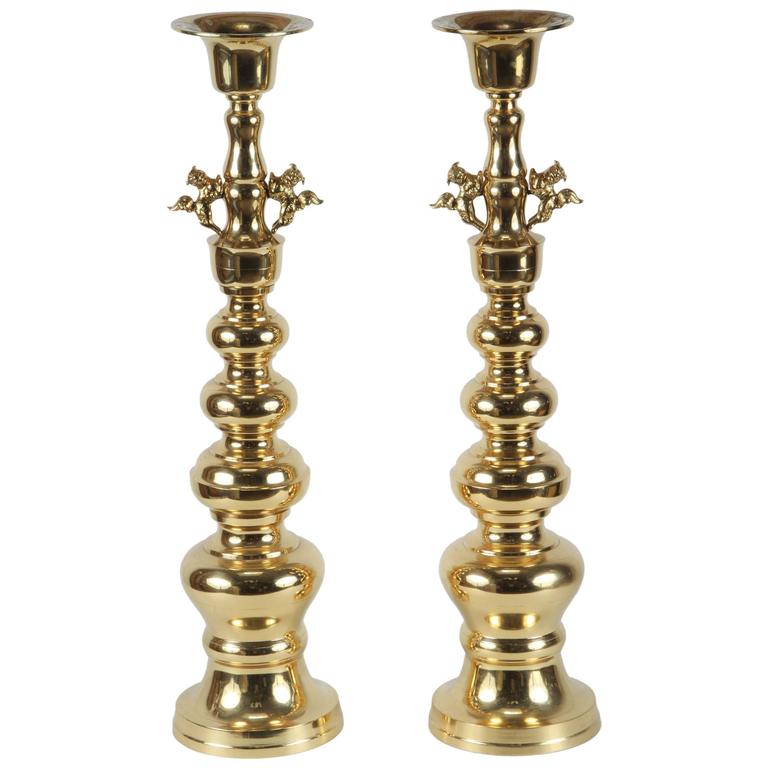 Pair of Large Chinese Polished Brass Candlesticks