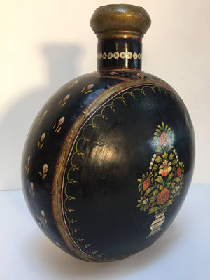 Metal Mughal Style Black Hand-Painted Water Jug Vase Rajasthan India
