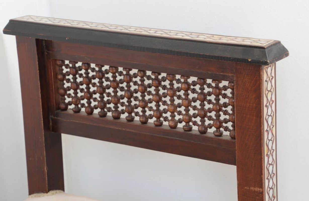 Antique Moroccan Benches with Mosaic White Shell Inlay a Pair