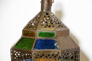 Handcrafted Moroccan Metal and Multi-Color Glass Lantern Octagonal Diamond Shape