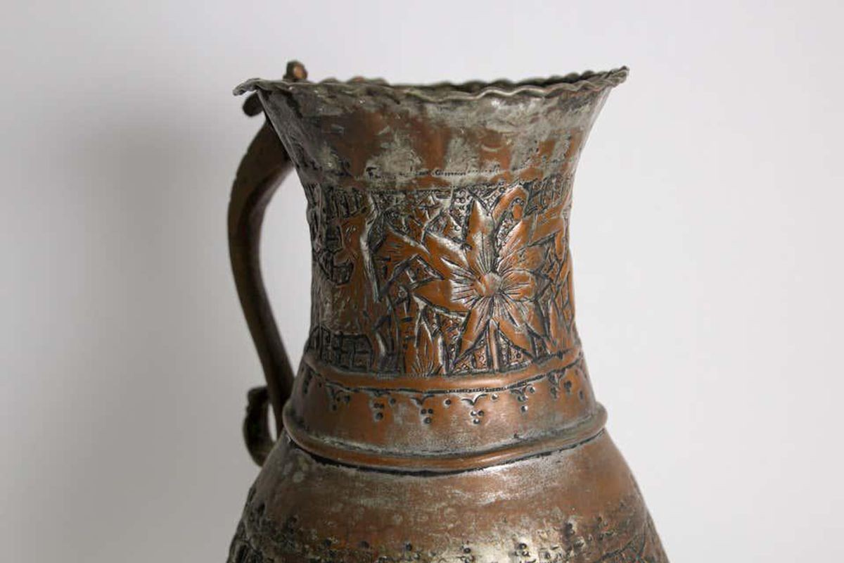 Antique 19th Century Moorish Tinned Copper Ewer, Hand-Hammered, Turkey