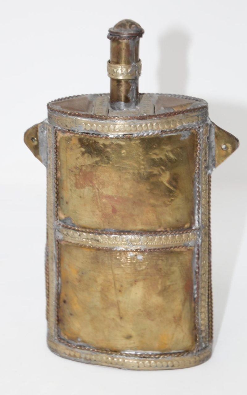 Moroccan Berber Tuareg Brass Powder Flask, Hand-Carved Folk Art, 1920