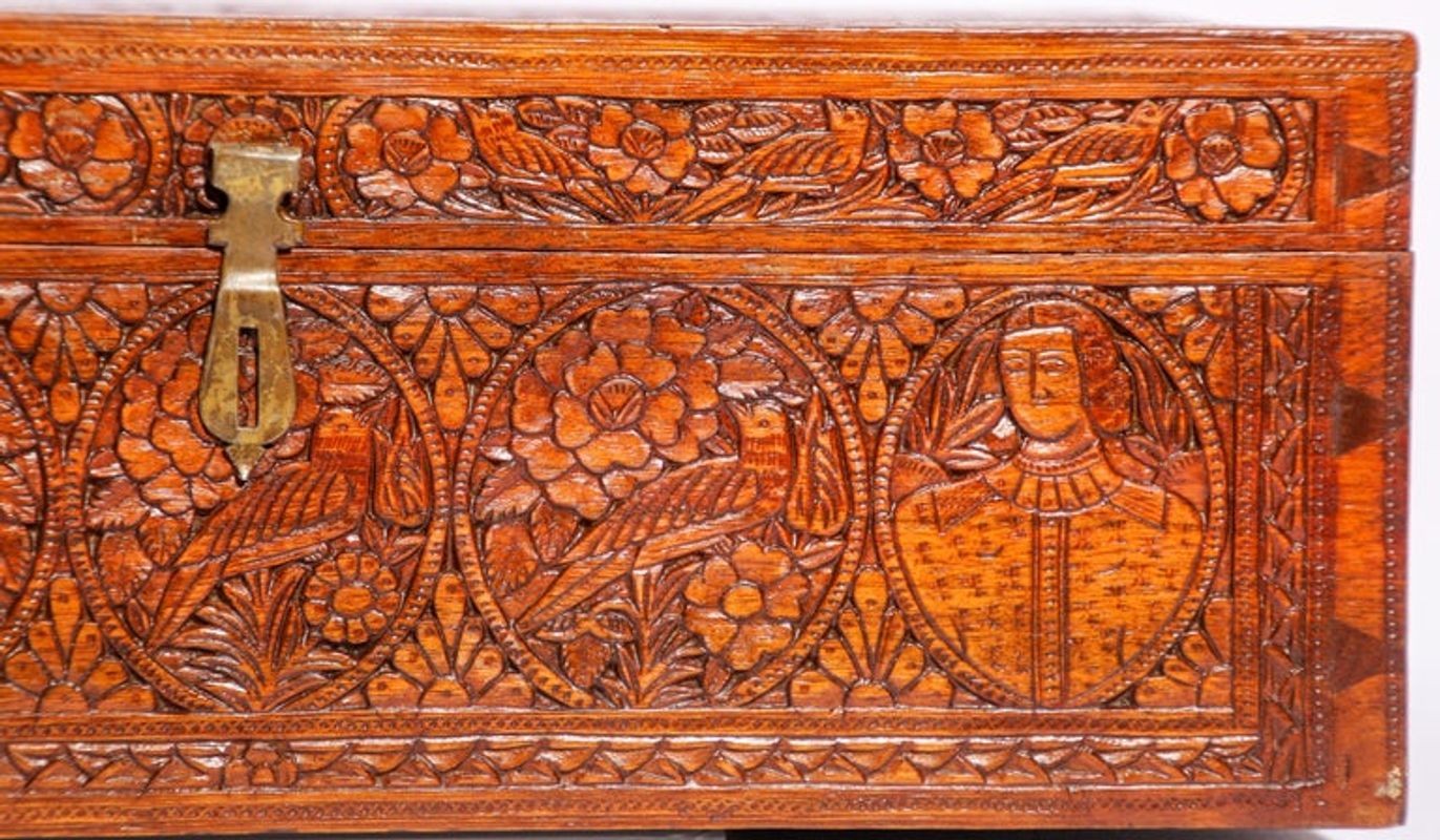 Large Early 19th Century Antique Hand Carved Wooden Mughal Decorative Box